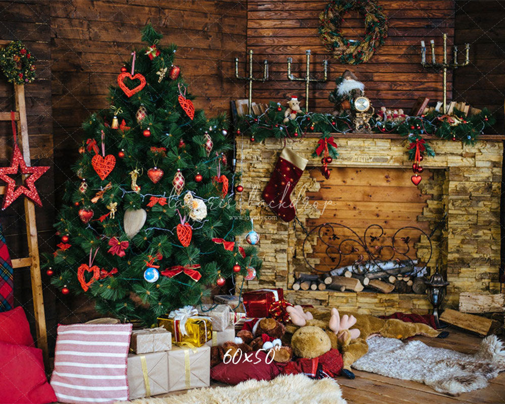 Wood Fireplace Christmas Tree Holiday Backdrop - Layoris