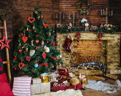 Wood Fireplace Christmas Tree Holiday Backdrop - Layoris