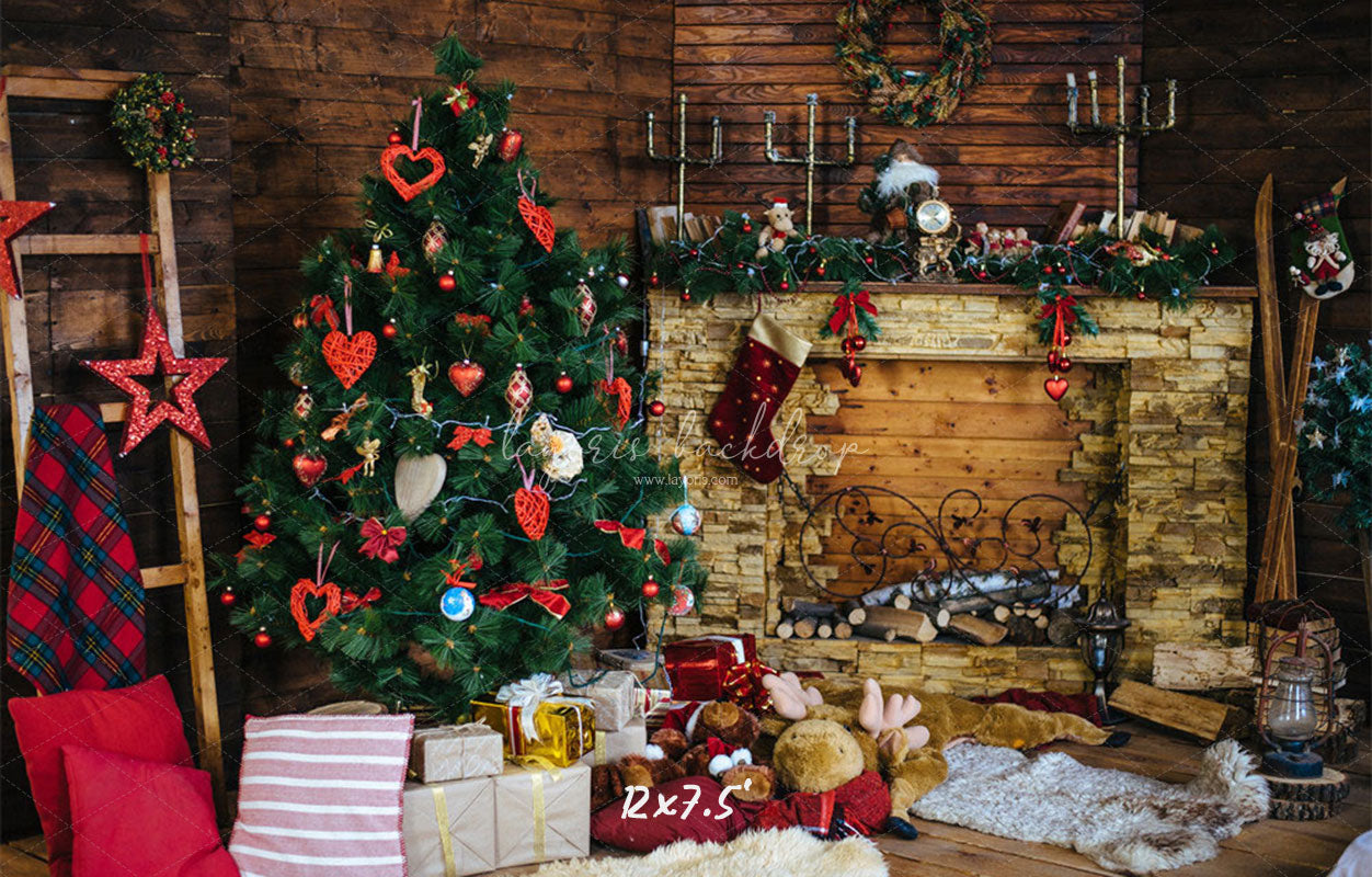 Wood Fireplace Christmas Tree Holiday Backdrop - Layoris