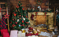 Wood Fireplace Christmas Tree Holiday Backdrop - Layoris