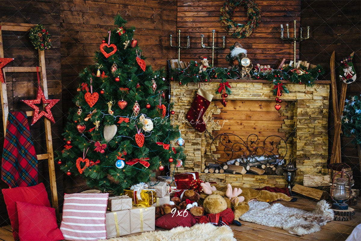 Wood Fireplace Christmas Tree Holiday Backdrop - Layoris