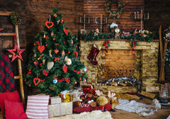 Wood Fireplace Christmas Tree Holiday Backdrop - Layoris