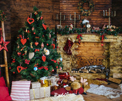 Wood Fireplace Christmas Tree Holiday Backdrop - Layoris
