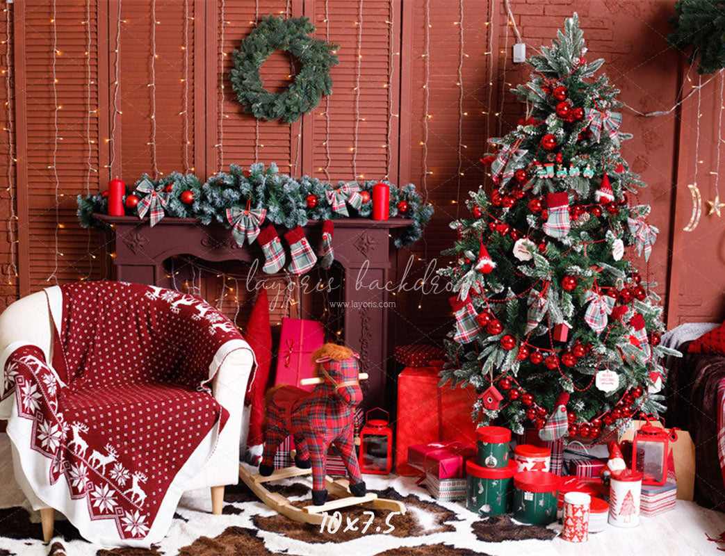 Red Wall Fireplace Christmas Party Backdrop - Layoris