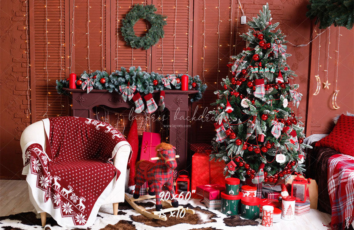 Red Wall Fireplace Christmas Party Backdrop - Layoris