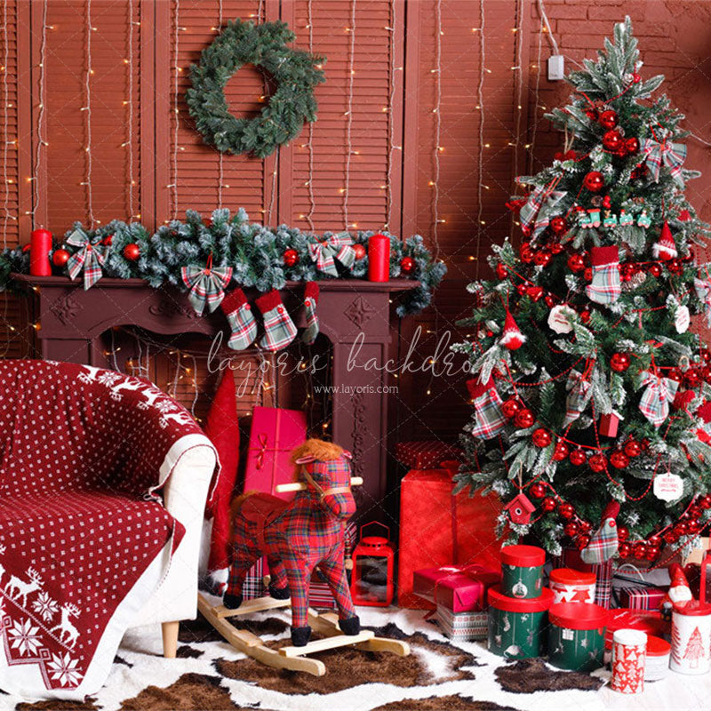 Red Wall Fireplace Christmas Party Backdrop - Layoris