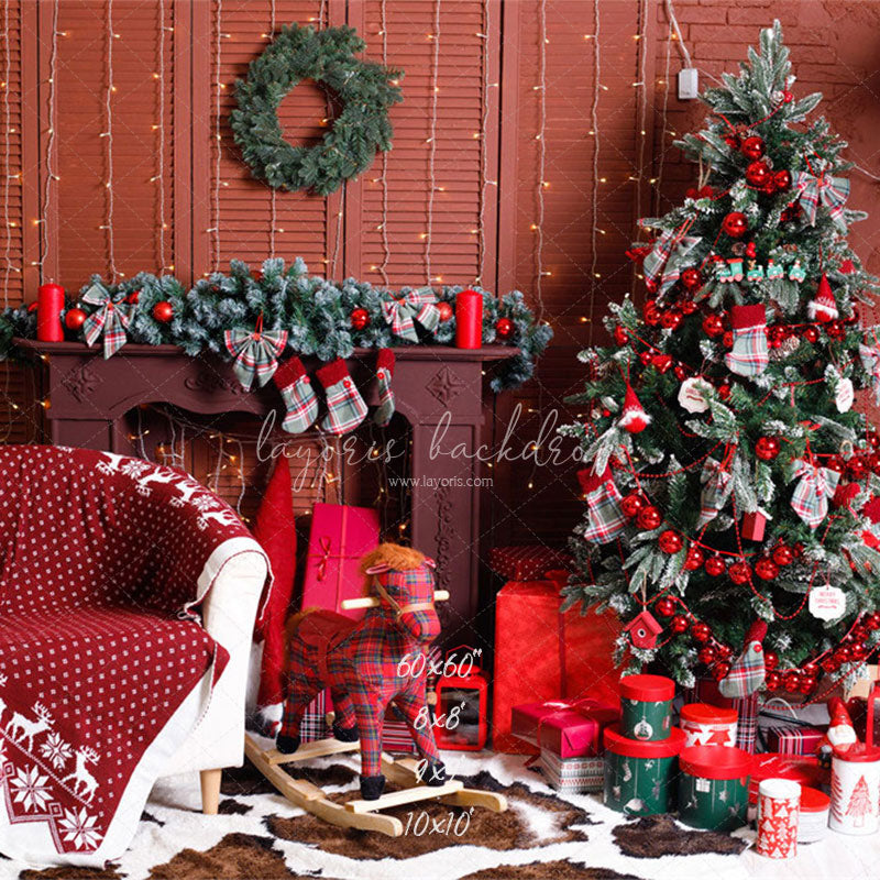 Red Wall Fireplace Christmas Party Backdrop - Layoris