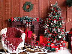Red Wall Fireplace Christmas Party Backdrop - Layoris