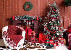 Red Wall Fireplace Christmas Party Backdrop - Layoris