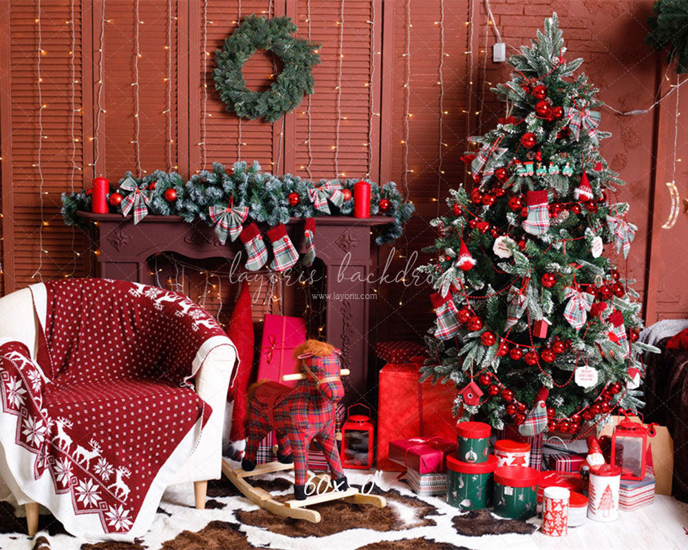 Red Wall Fireplace Christmas Party Backdrop - Layoris