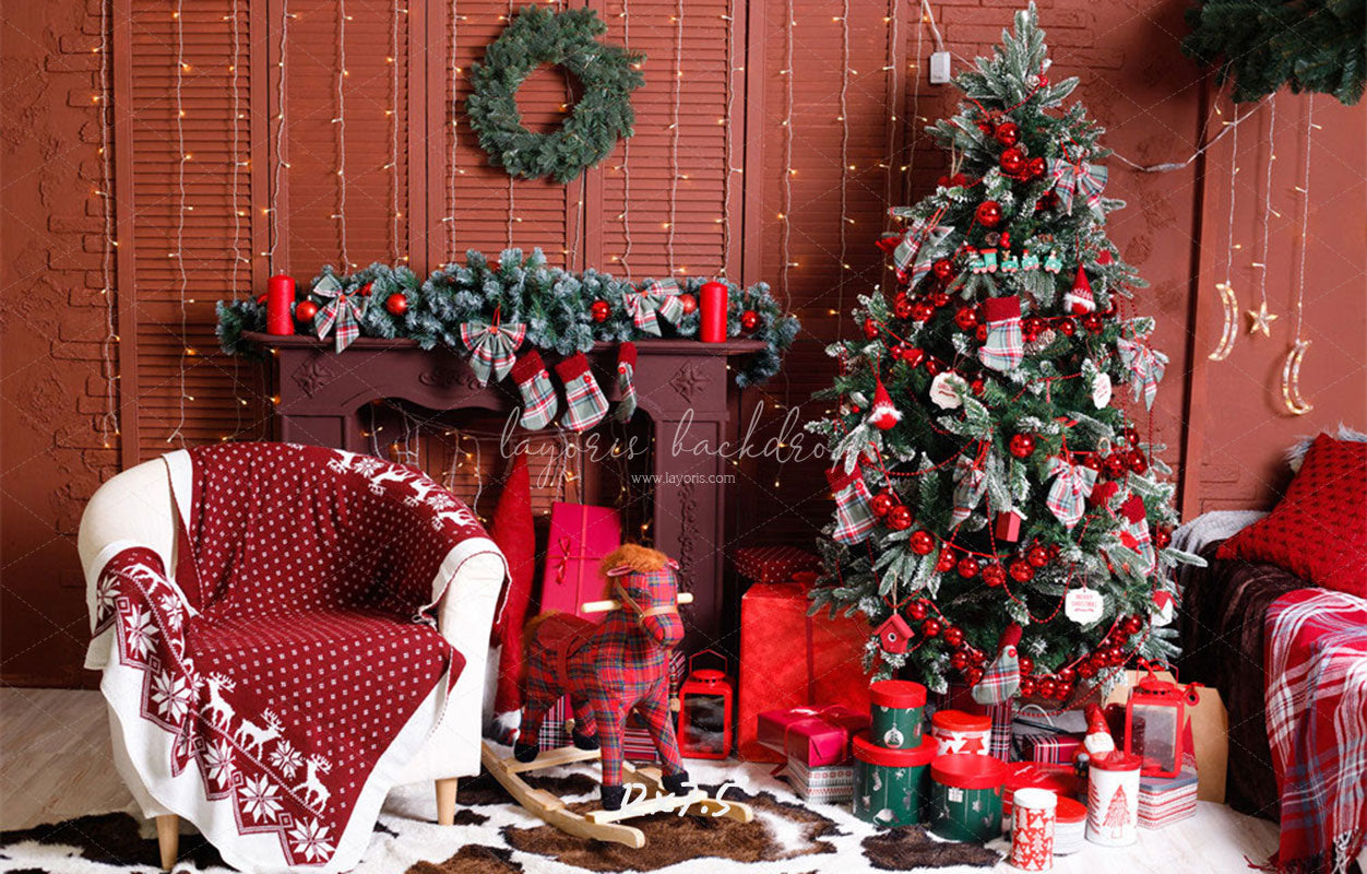 Red Wall Fireplace Christmas Party Backdrop - Layoris