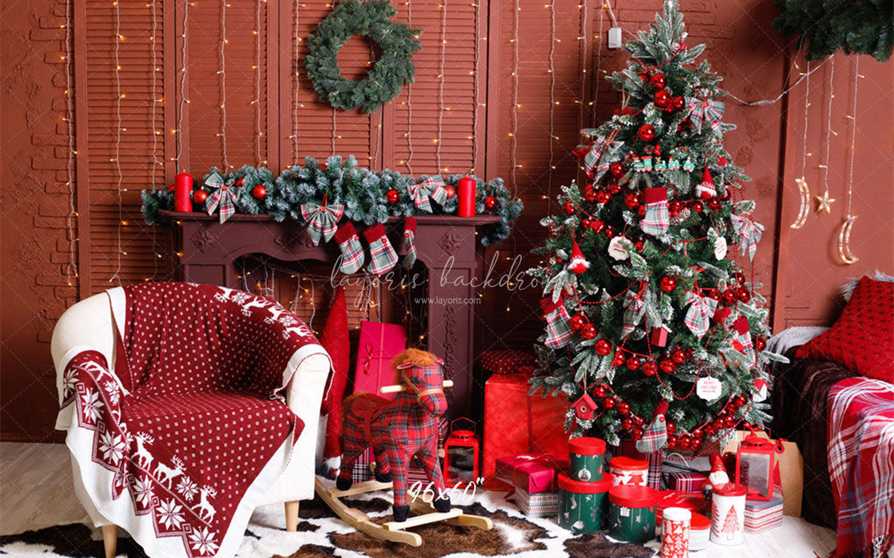 Red Wall Fireplace Christmas Party Backdrop - Layoris