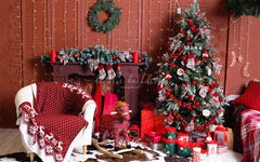 Red Wall Fireplace Christmas Party Backdrop - Layoris