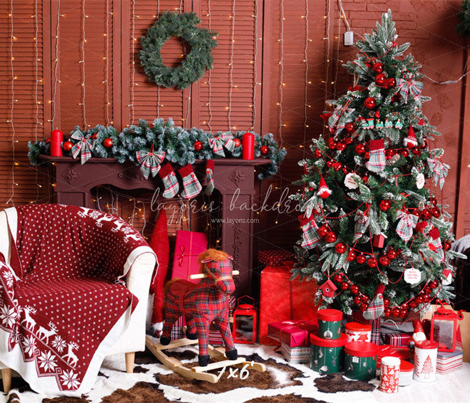 Red Wall Fireplace Christmas Party Backdrop - Layoris