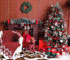 Red Wall Fireplace Christmas Party Backdrop - Layoris
