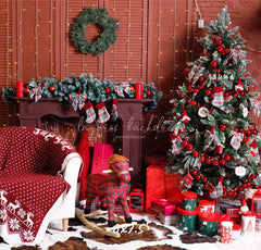 Red Wall Fireplace Christmas Party Backdrop - Layoris