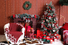 Red Wall Fireplace Christmas Party Backdrop - Layoris