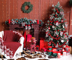 Red Wall Fireplace Christmas Party Backdrop - Layoris