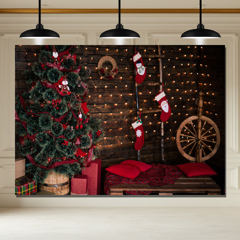 Layoris Wooden Board Socks And Wheels Christmas Backdrop