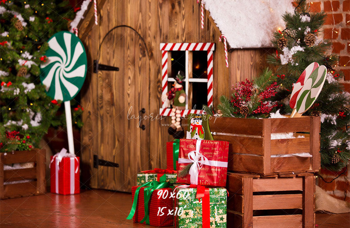 Log Cabin Candy Christmas Backdrop - Layoris