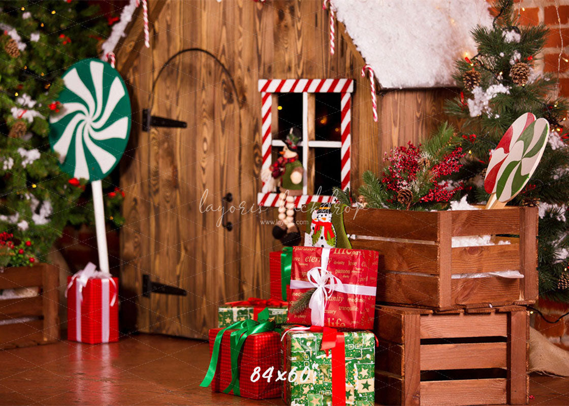 Log Cabin Candy Christmas Backdrop - Layoris