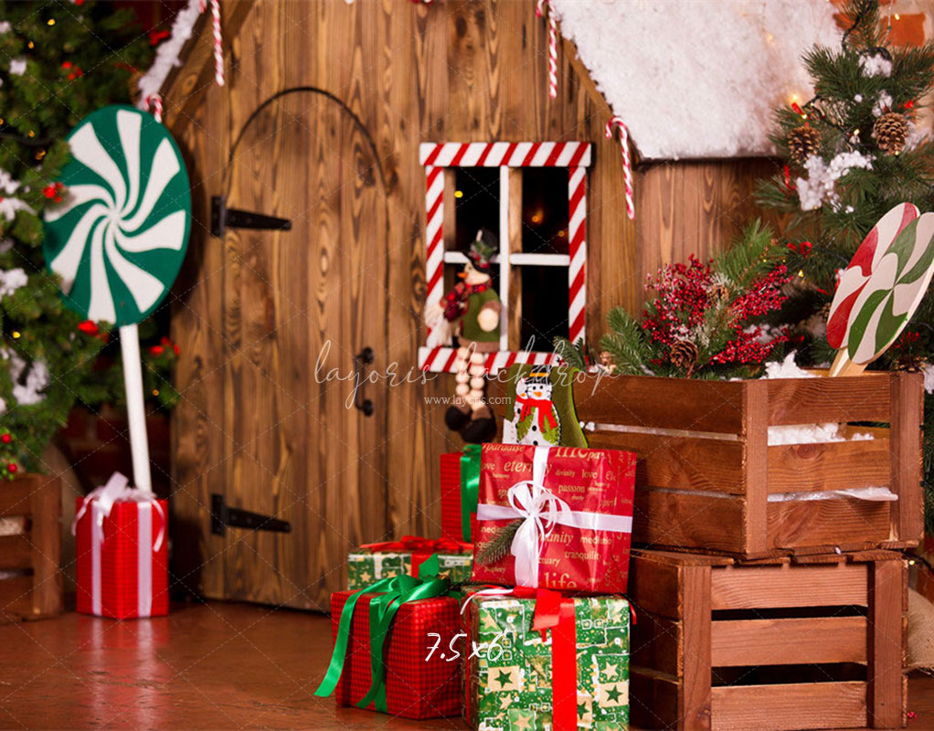 Log Cabin Candy Christmas Backdrop - Layoris