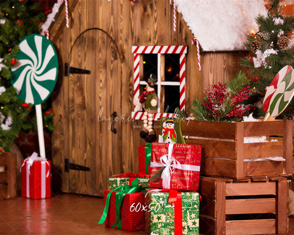 Log Cabin Candy Christmas Backdrop - Layoris