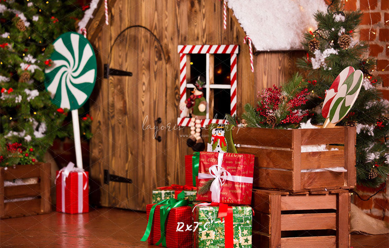 Log Cabin Candy Christmas Backdrop - Layoris