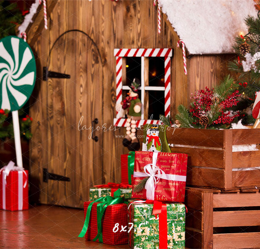 Log Cabin Candy Christmas Backdrop - Layoris