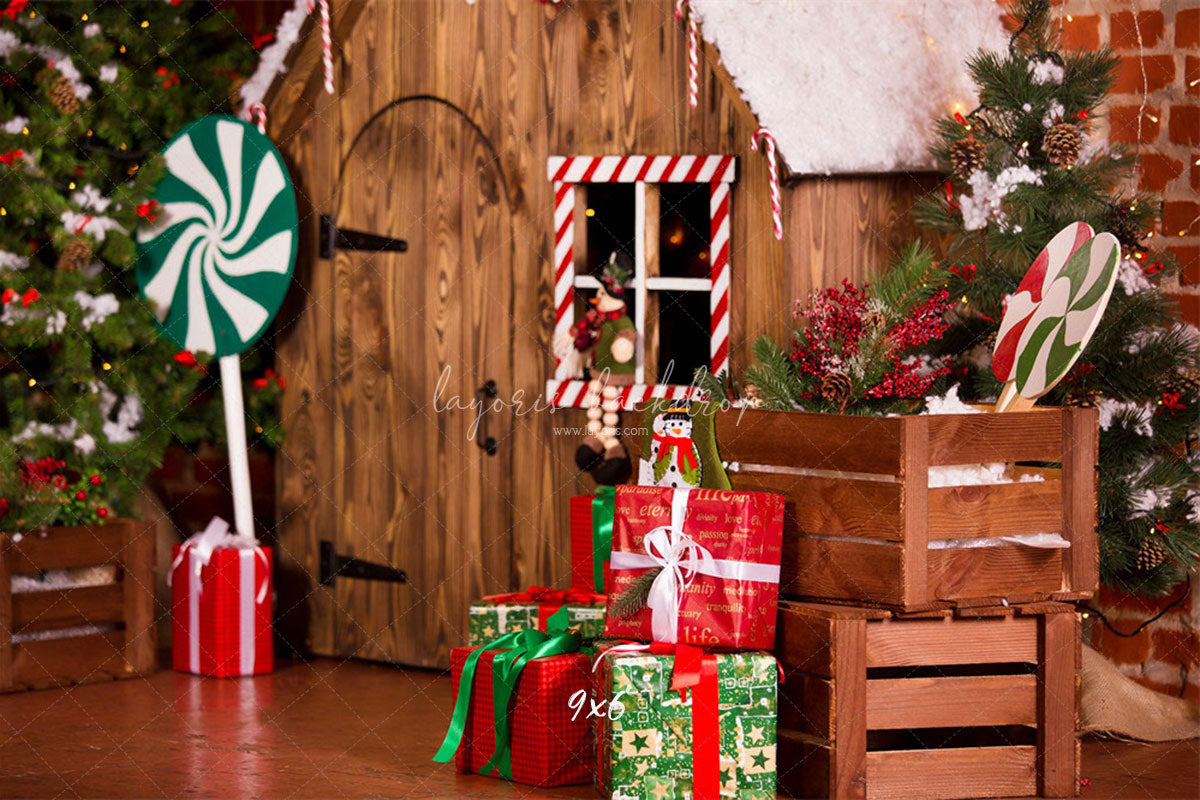 Log Cabin Candy Christmas Backdrop - Layoris
