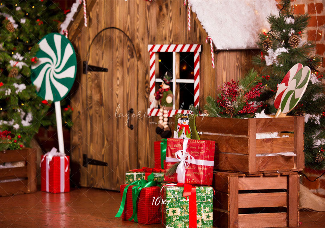 Log Cabin Candy Christmas Backdrop - Layoris