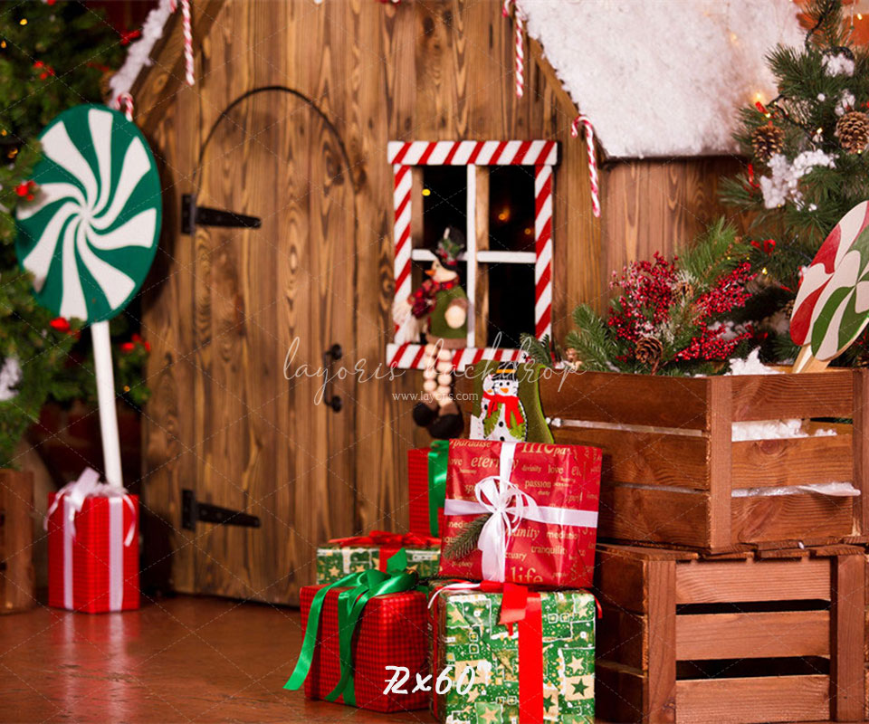 Log Cabin Candy Christmas Backdrop - Layoris