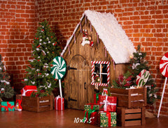 Brick Wall Wooden House Christmas Backdrop - Layoris
