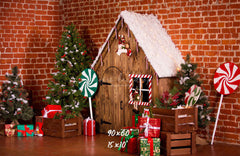 Brick Wall Wooden House Christmas Backdrop - Layoris