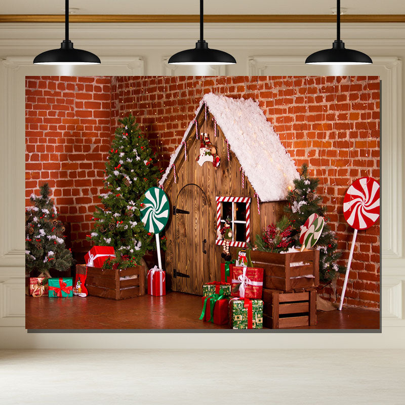 Layoris Brick Wall Wooden House Christmas Backdrop