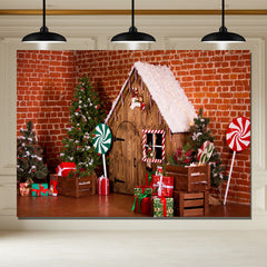Layoris Brick Wall Wooden House Christmas Backdrop