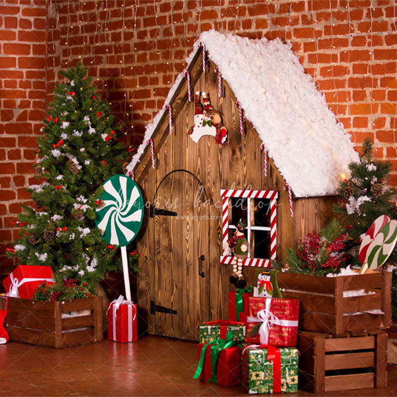 Brick Wall Wooden House Christmas Backdrop - Layoris