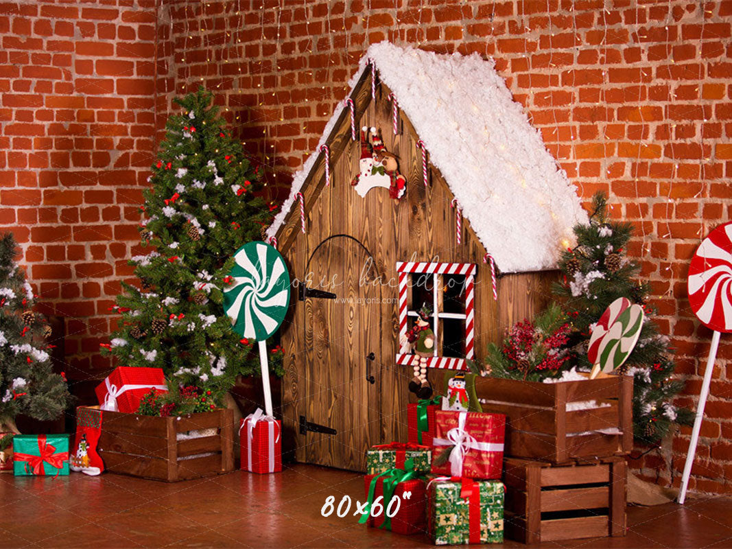 Brick Wall Wooden House Christmas Backdrop - Layoris