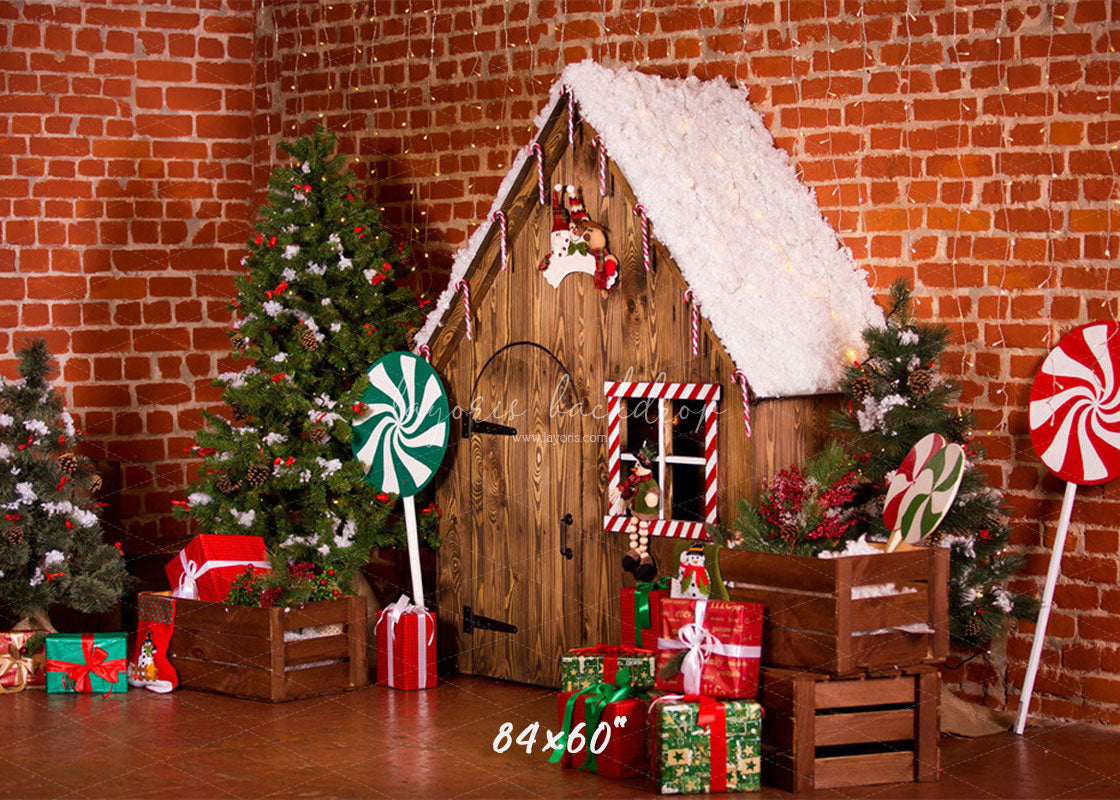Brick Wall Wooden House Christmas Backdrop - Layoris
