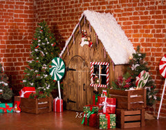 Brick Wall Wooden House Christmas Backdrop - Layoris