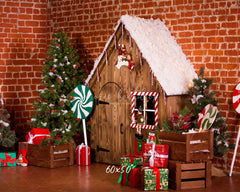 Brick Wall Wooden House Christmas Backdrop - Layoris