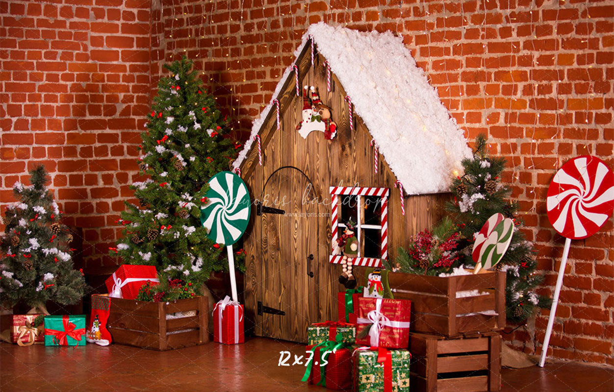 Brick Wall Wooden House Christmas Backdrop - Layoris