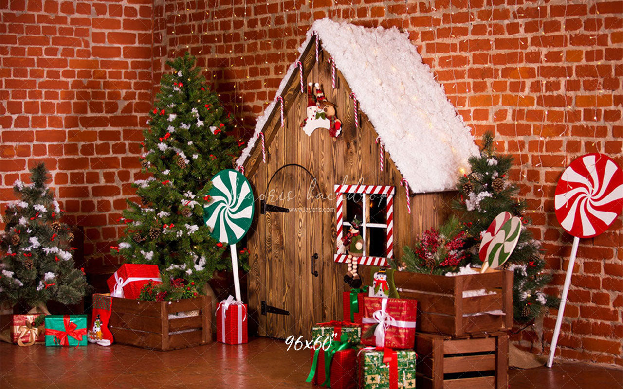 Brick Wall Wooden House Christmas Backdrop - Layoris