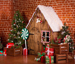 Brick Wall Wooden House Christmas Backdrop - Layoris
