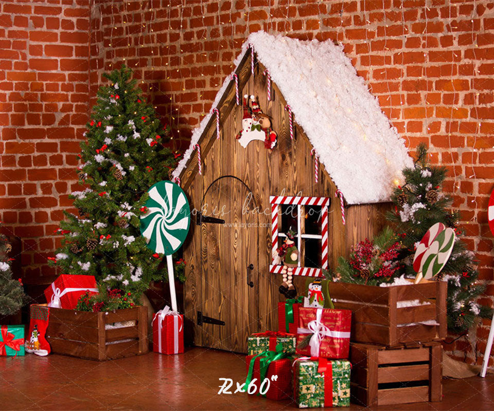 Brick Wall Wooden House Christmas Backdrop - Layoris