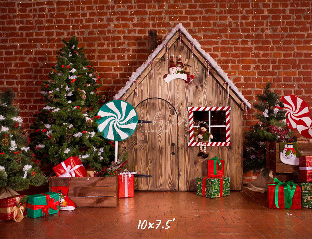 Lollipop Log Cabin Brick Christmas Backdrop - Layoris
