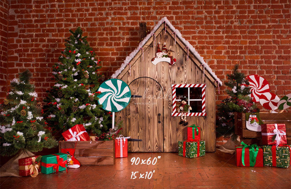 Lollipop Log Cabin Brick Christmas Backdrop - Layoris