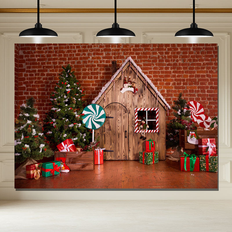Layoris Lollipop Log Cabin Brick Christmas Backdrop