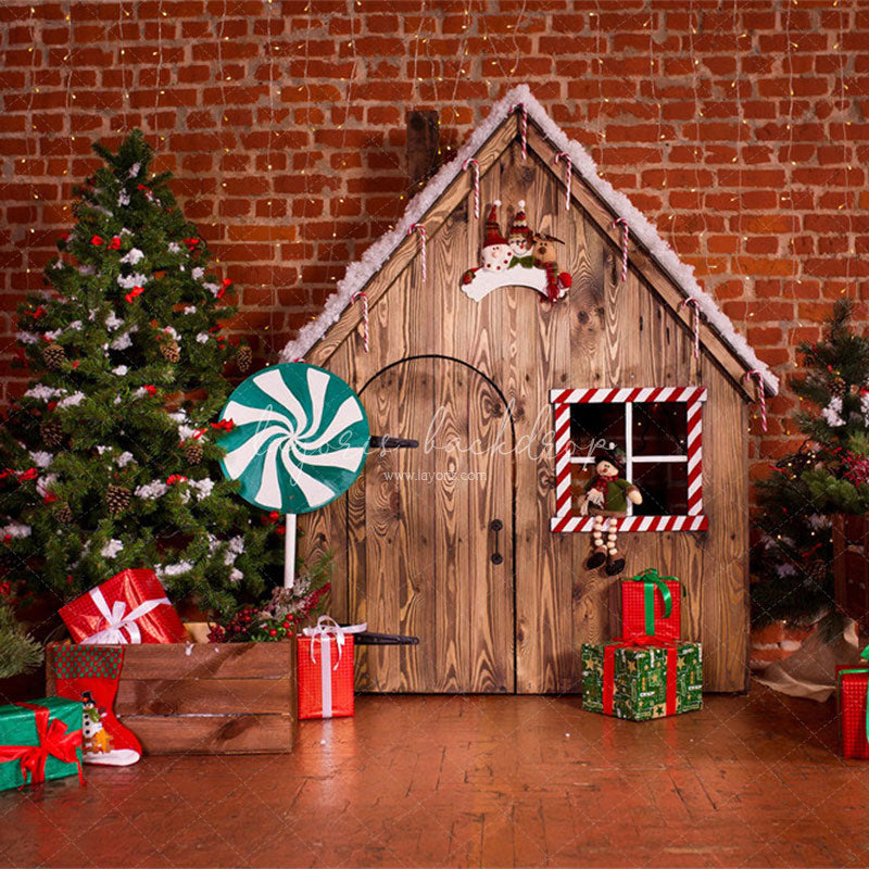 Lollipop Log Cabin Brick Christmas Backdrop - Layoris