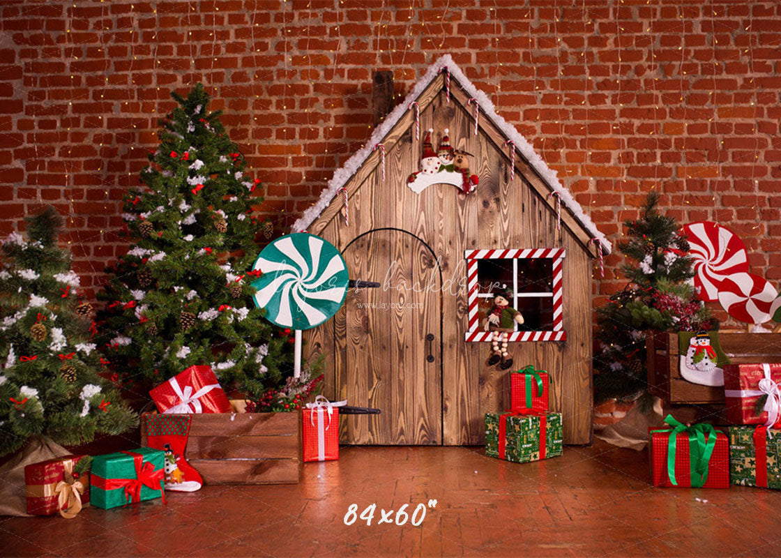 Lollipop Log Cabin Brick Christmas Backdrop - Layoris
